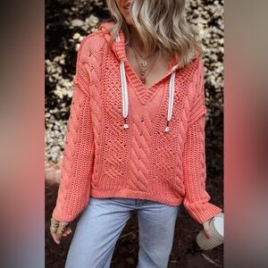 Drawstring Cable-Knit Hooded Sweater